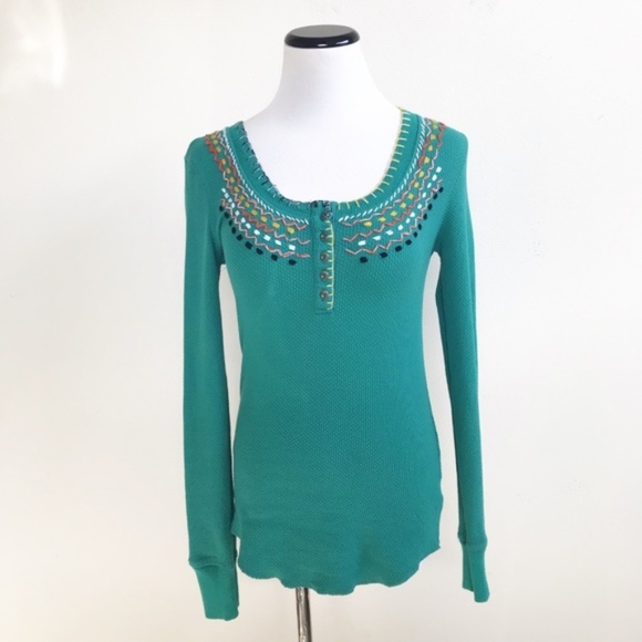 Free People Tops - We the Free Green Blanket Stitch Thermal Henley PS
